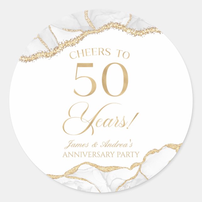 Sticker Rond Elégante White Gold Agate 50e Anniversaire Party (Devant)