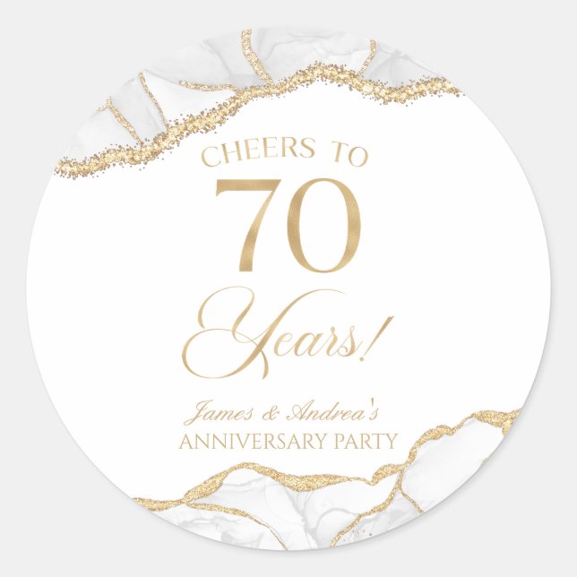 Sticker Rond Elégante White Gold Agate 70e Anniversaire Party (Devant)