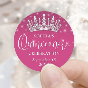 Sticker Rond Élégantes étincelles Quinceañera Couronne Fuschia 