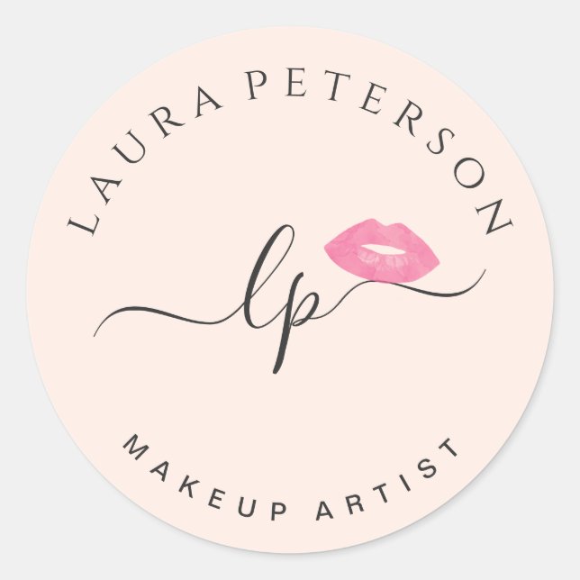 Sticker Rond Élégantes lèvres roses manuscrites calligraphie de (Devant)