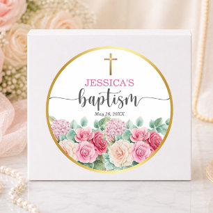 Sticker Rond Élégantes Roses de Croix d'Or Floral Baptême