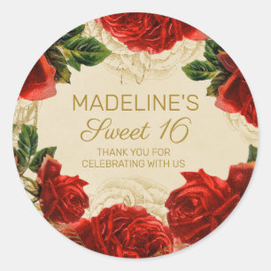 Sticker Rond Élégantes roses rouges vintage Sweet 16