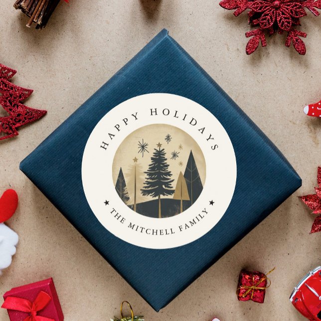 Sticker Rond Élégantes VACANCES HEUREUSES Forêt de pins d'or ch (Créateur téléchargé)