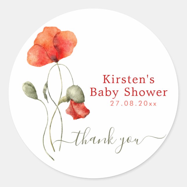 Sticker Rond Élégants pavots d'aquarelle - Merci de Baby shower (Devant)