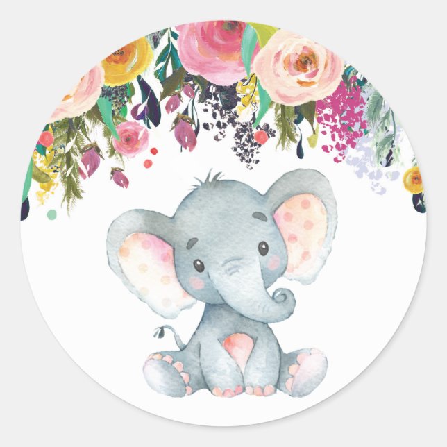 Sticker Rond Élément floral éléphant Baby Shower Rose et Gris (Devant)
