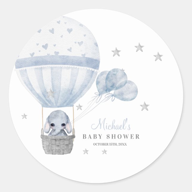 Sticker Rond Eléphant baby shower avec ballon chaud à air (Devant)