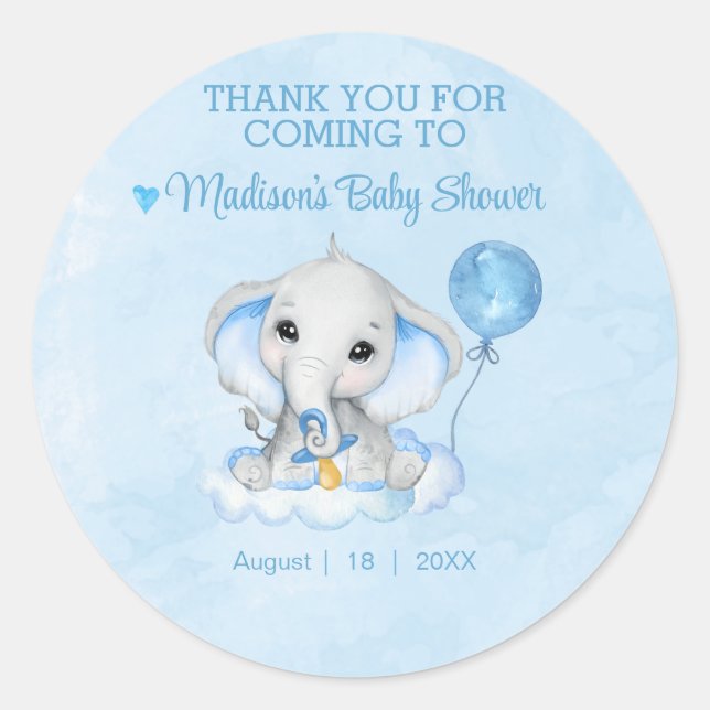 Sticker Rond Eléphant Baby shower de Merci personnalisé (Devant)