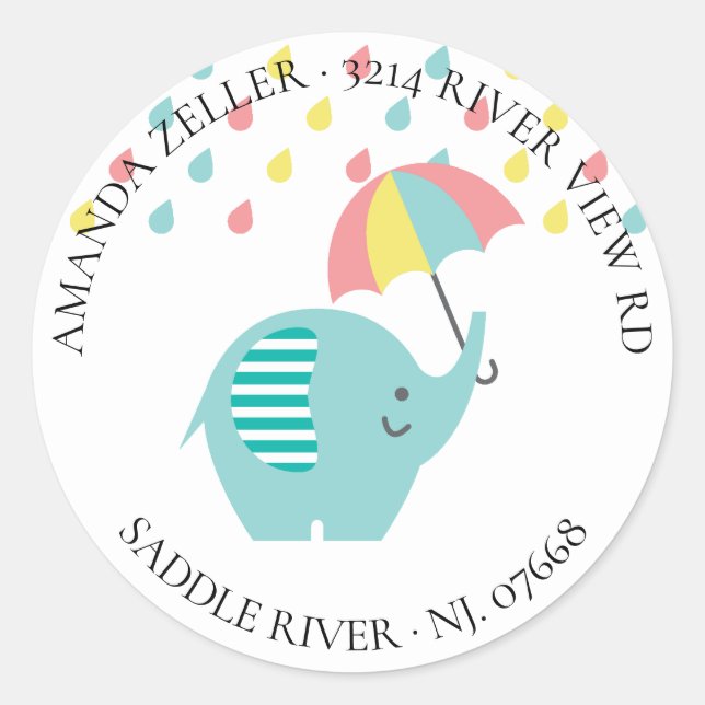 Sticker Rond Eléphant Baby shower parapluie Adresse de retour (Devant)