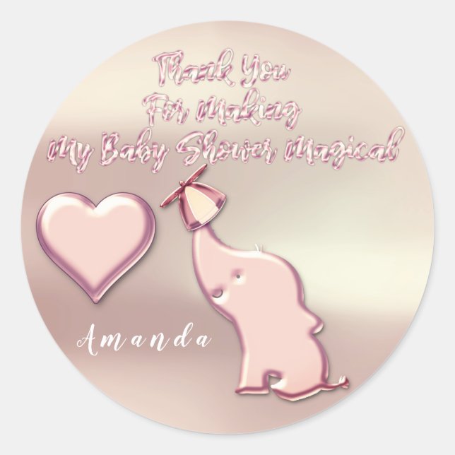 Sticker Rond Elephant Baby shower Party Favoriser Merci Rose Co (Devant)