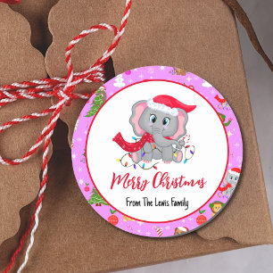 Sticker Rond Eléphant Bébé mignon Avec Animaux Zoo En Rose