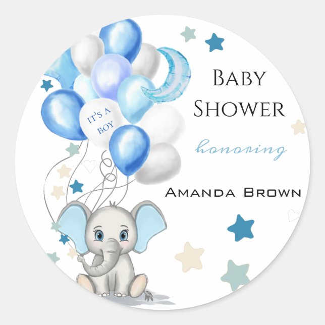 Sticker Rond Eléphant bébé mignon avec ballons Baby shower garç (Devant)