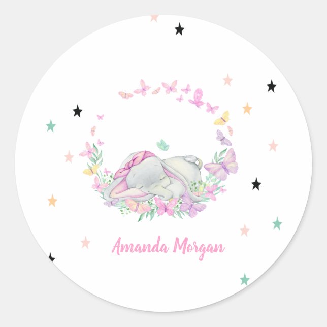 Sticker Rond Eléphant bébé, Papillons, Étoiles (Devant)