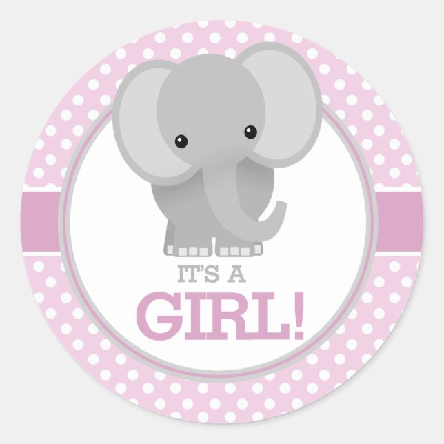 Sticker Rond Eléphant bébé (rose) C'est une fille (Devant)