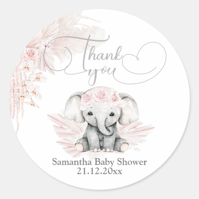 Sticker Rond Elephant Blash Baby shower Boho Rose Fleur (Devant)