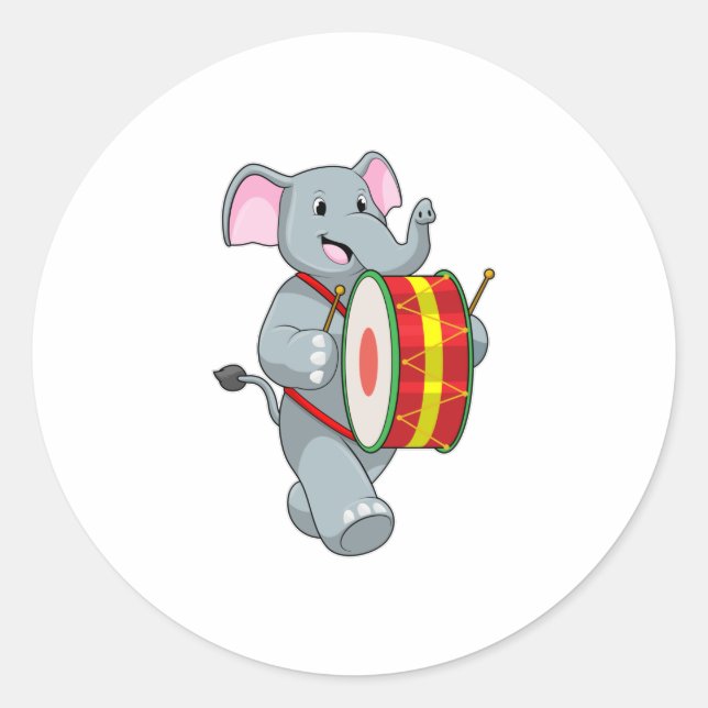 Sticker Rond Elephant comme musicien avec tambour (Devant)