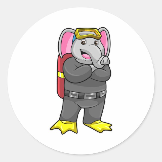 Sticker Rond Elephant comme plongeur avec lunettes de plongée (Devant)
