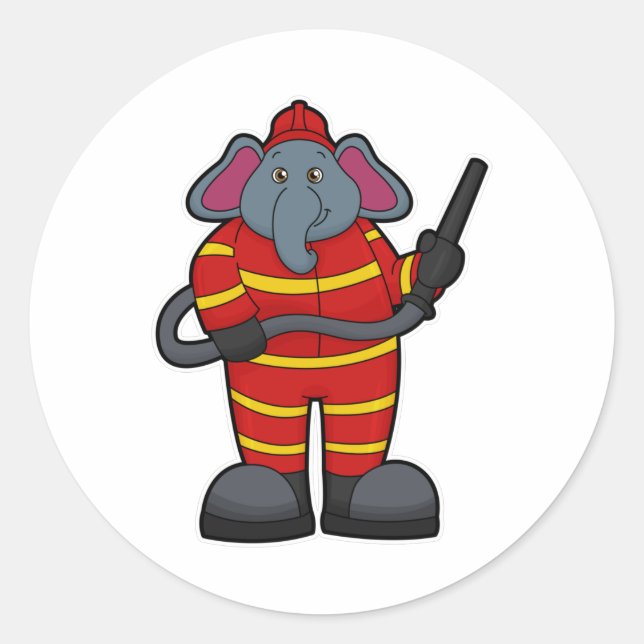 Sticker Rond Elephant comme pompier avec tuyau (Devant)