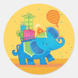 Sticker Rond Eléphant d'anniversaire avec ballons & présente St