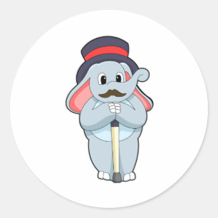 Sticker Rond Elephant en Gentleman avec Casquette et bâton de m