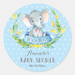 Sticker Rond Éléphant Garçon Baby Shower Bleu et Gris