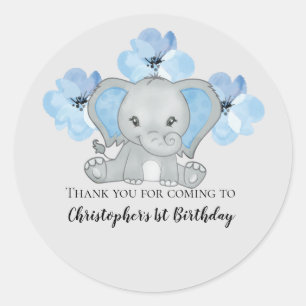 Sticker Rond Éléphant Garçon Bleu Fleurs Ballons Anniversaire