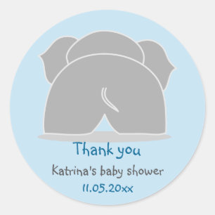 Sticker Rond Eléphant gris mou Baby shower bleu Merci