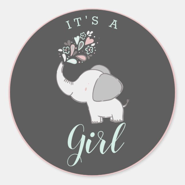 Sticker Rond Eléphant gris rose et menthe C'est une Fille Favor (Devant)