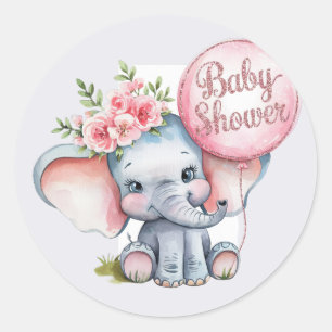 Sticker Rond Eléphant mignon avec ballons roses Baby shower fil