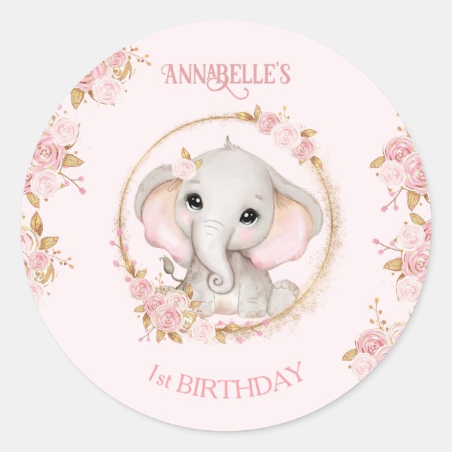 Sticker Rond Eléphant mignon Fleurs roses Roses Anniversaire Fi (Devant)