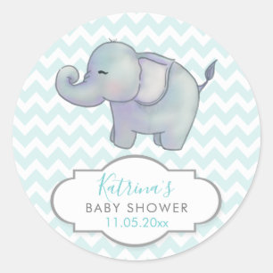 Sticker Rond Eléphant mignon   Merci Baby shower bleu Chevron