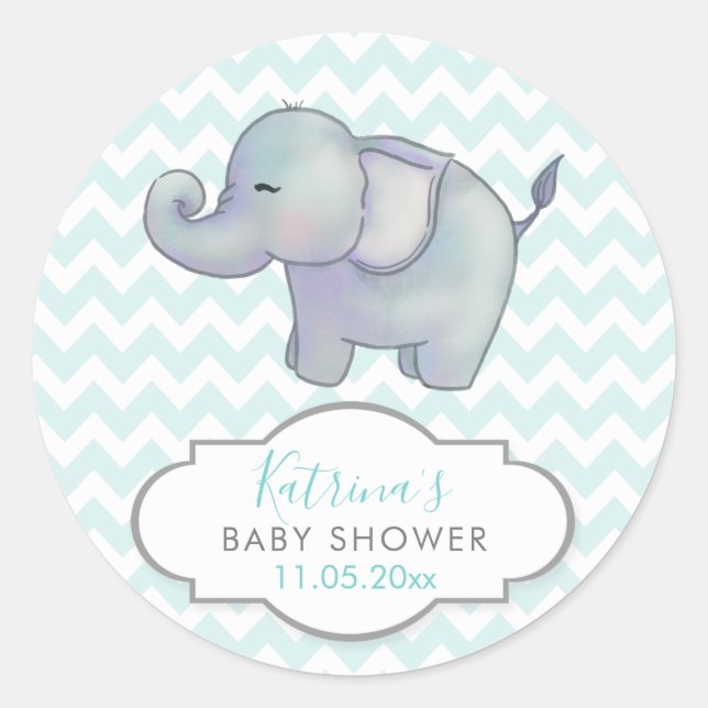 Sticker Rond Eléphant mignon | Merci Baby shower bleu Chevron (Devant)