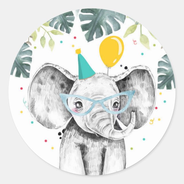 Sticker Rond Elephant Party Animaux Safari Garçon Anniversaire  (Devant)