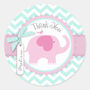 Sticker Rond Eléphant rose et Chevron Merci d'impression