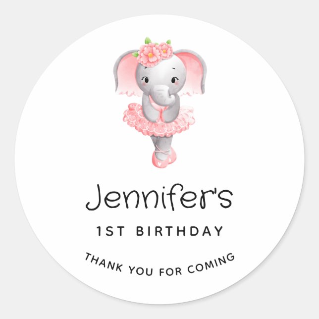Sticker Rond Eléphant rose et gris Ballerina Merci d'anniversai (Devant)