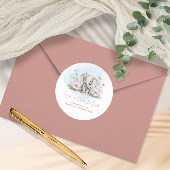 Sticker Rond Elephant Rose Floral Baby shower Adresse de retour (Créateur téléchargé)