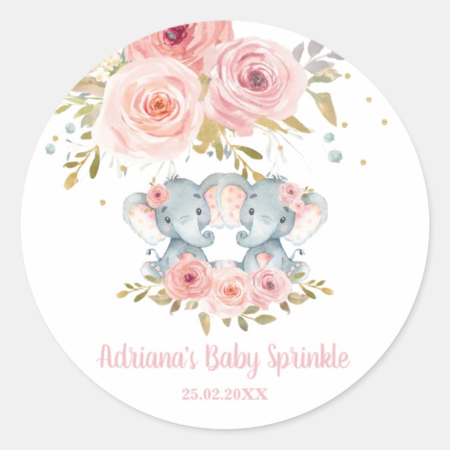 Sticker Rond Eléphant rose Floral Twin Girls Baby shower Favori (Devant)