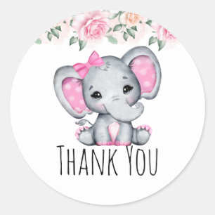Sticker Rond Eléphant rose mignonne et Merci frontalier Rose