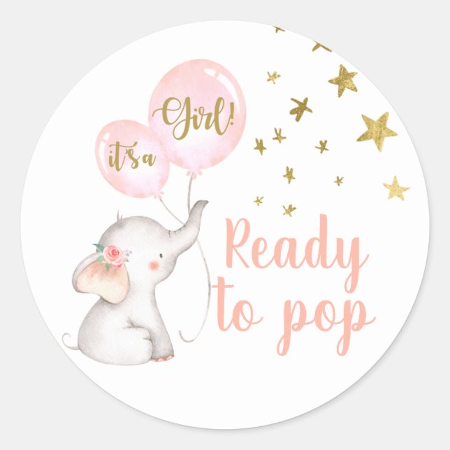 Sticker Rond Eléphant rose prêt à la pop (Devant)