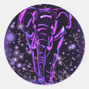 Sticker Rond Eléphant Rose Violet Neon Marchant La Nuit étoil