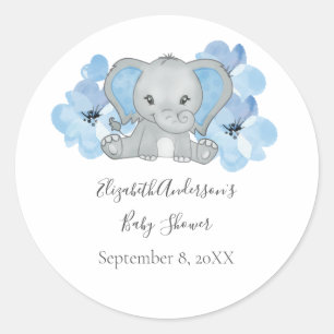 Sticker Rond Éléphanteau Garçon Bleu Fleurs Ballon Baby Shower