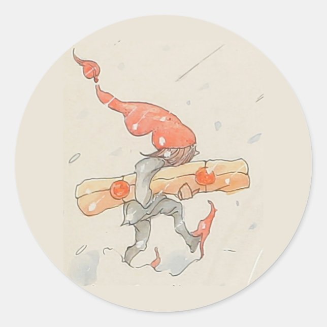 Sticker Rond Elfe avec cadeau de Noël, vieille illustration (Devant)