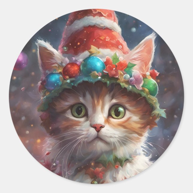 Sticker Rond Elfe de Noël Kitty, Chat de Noël Kitty, Animal de  (Devant)