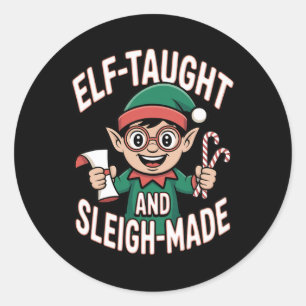Sticker Rond Elfe Enseigné Et Dort Fait Drôle Elfe De Noël