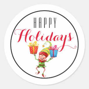 Sticker Rond Elfe mignonne avec cadeaux Joyeux vacances/blanc