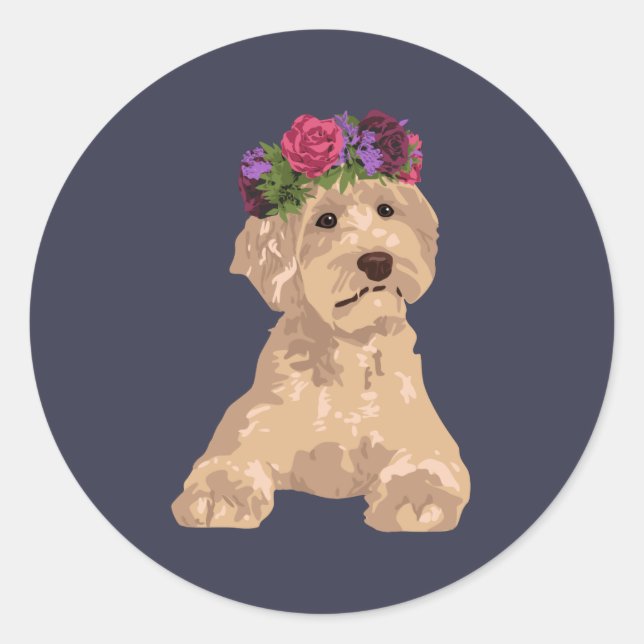 Sticker Rond Eli La Couronne de fleurs douces Golden Labradoodl (Devant)