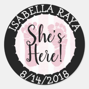 Sticker Rond Elle est ici, nouveau faire-part de bébé