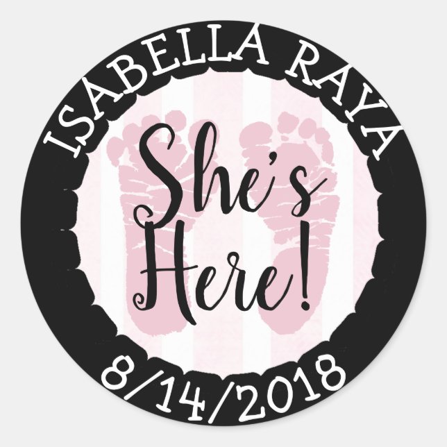 Sticker Rond Elle est là, nouvelle petite Faire-part (Devant)