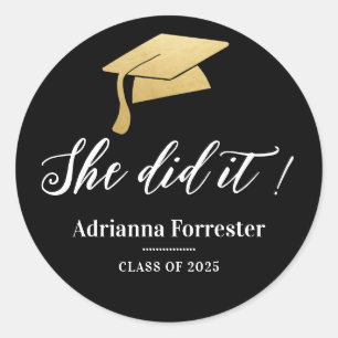 Sticker Rond Elle L'A Fait Graduation Casquette Faux Gold Foil 