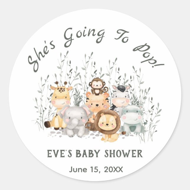 Sticker Rond Elle va faire du Baby shower Safari Animaux (Devant)