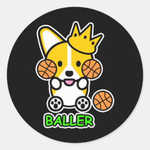 Sticker Rond Ello Corgi Baller Basketball Cute Welsh Corgi Chie